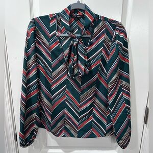 Multicolor V-Neck Blouse With Tie Neckline - Size Small